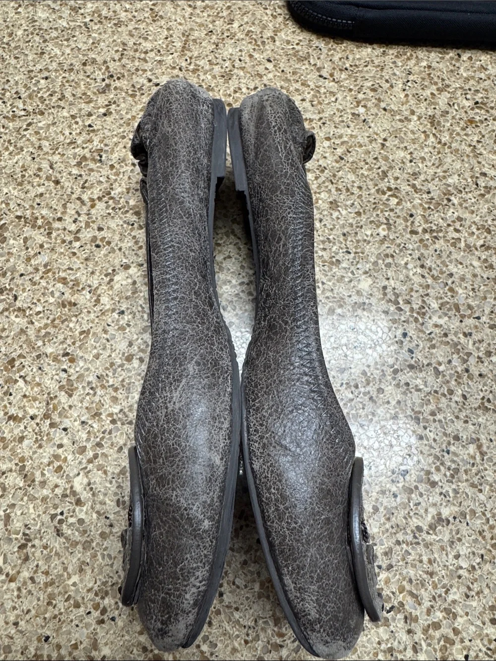 Tory Burch Distressed Brown Leather Logo Ballet Flats